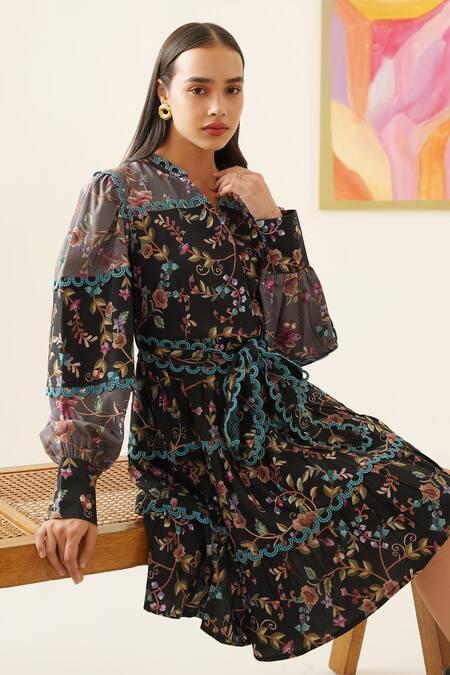 Buy_Sunandini_Black Viscose, Wool Mandarin Collar Floral Bloom Print Dress 