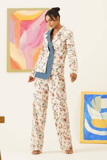 Sunandini_White Viscose, Wool Embroidery Floral Print Blazer And Pant Set _Online_at_Aza_Fashions