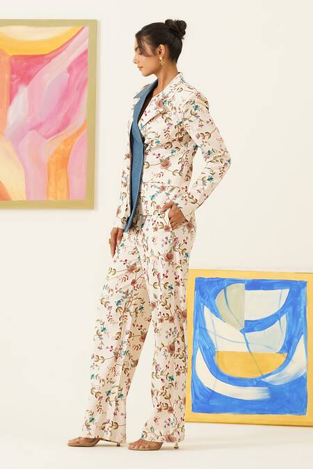 Shop_Sunandini_White Viscose, Wool Embroidery Floral Print Blazer And Pant Set _Online_at_Aza_Fashions