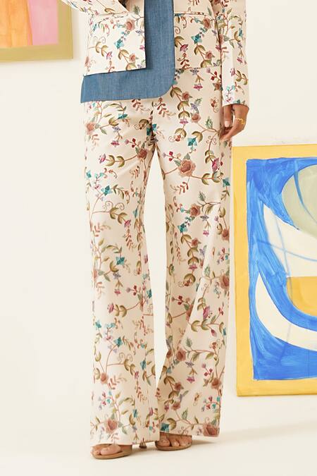 Buy_Sunandini_White Viscose, Wool Embroidery Floral Print Blazer And Pant Set 