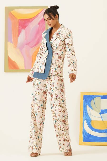 Sunandini_White Viscose, Wool Embroidery Floral Print Semi Double Breasted Blazer _Online_at_Aza_Fashions