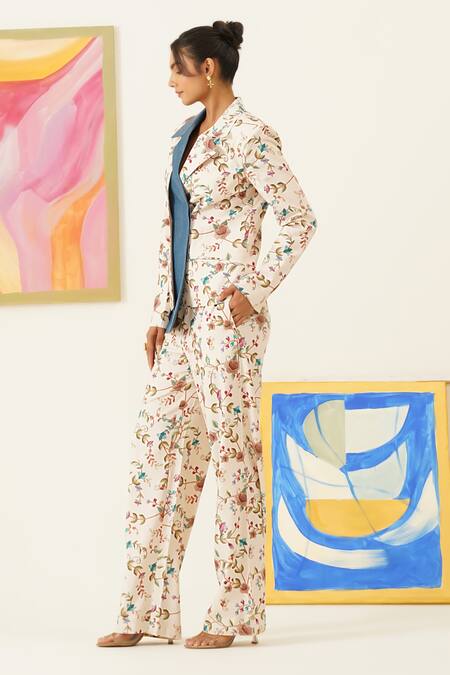 Shop_Sunandini_White Viscose, Wool Embroidery Floral Print Semi Double Breasted Blazer _Online_at_Aza_Fashions