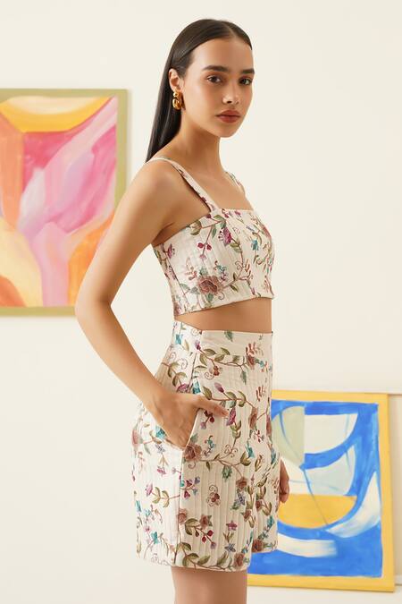 Sunandini_White Viscose, Wool Square Neck Floral Print Crop Top And Shorts Set _Online_at_Aza_Fashions