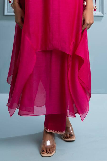 Shop The White Tree Studio Pink Chanderi, Cotton Tassels, Embroidery Floral Applique Asymmetric Kurta Set Online at Aza Fashions Shop_The White Tree Studio_Pink Chanderi, Cotton Tassels, Embroidery Floral Applique Asymmetric Kurta Set _Online_at_Aza_Fashions
