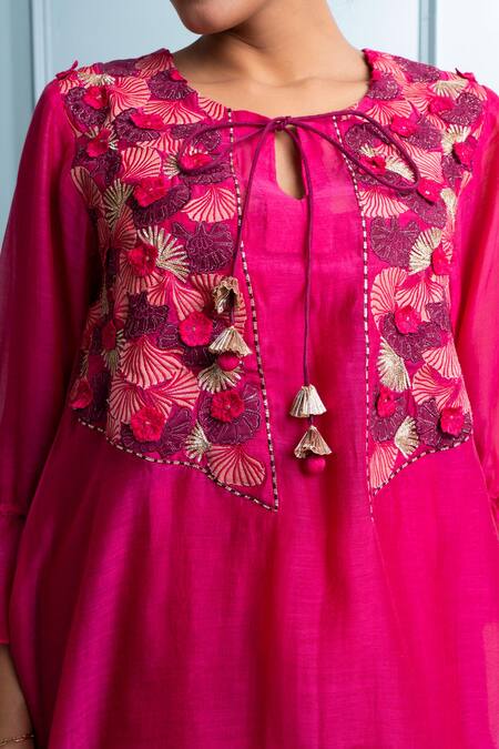 The White Tree Studio Pink Chanderi, Cotton Tassels, Embroidery Floral Applique Asymmetric Kurta Set at Aza Fashions The White Tree Studio_Pink Chanderi, Cotton Tassels, Embroidery Floral Applique Asymmetric Kurta Set _at_Aza_Fashions