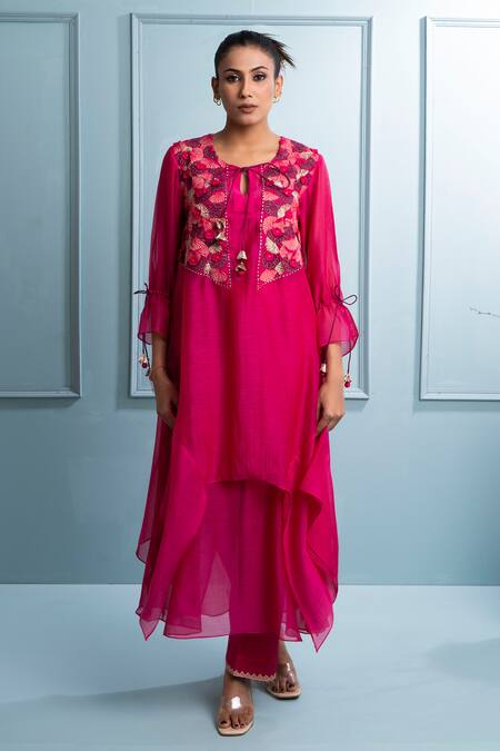 Buy The White Tree Studio Pink Chanderi, Cotton Tassels, Embroidery Floral Applique Asymmetric Kurta Set Buy_The White Tree Studio_Pink Chanderi, Cotton Tassels, Embroidery Floral Applique Asymmetric Kurta Set