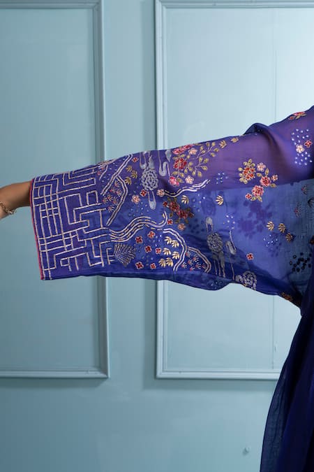 The White Tree Studio_Purple Chanderi, Cotton Embroidery V-neck Floral Anarkali Set _at_Aza_Fashions