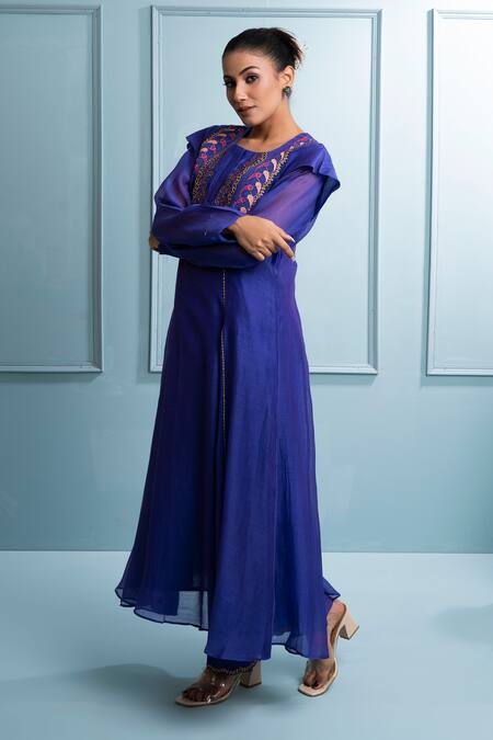 The White Tree Studio_Purple Chanderi, Cotton Zari, Embroidery Round Floral Applique Kalidar Kurta Set _Online_at_Aza_Fashions