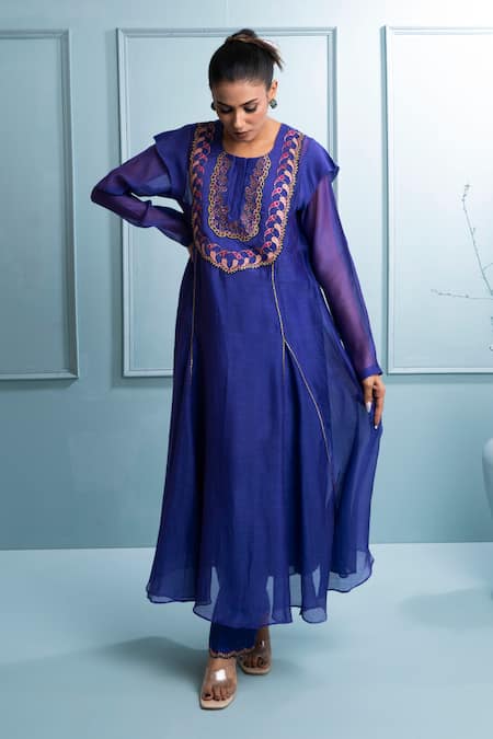 Buy_The White Tree Studio_Purple Chanderi, Cotton Zari, Embroidery Round Floral Applique Kalidar Kurta Set _Online_at_Aza_Fashions