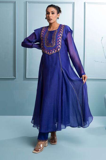 Shop_The White Tree Studio_Purple Chanderi, Cotton Zari, Embroidery Round Floral Applique Kalidar Kurta Set _Online_at_Aza_Fashions