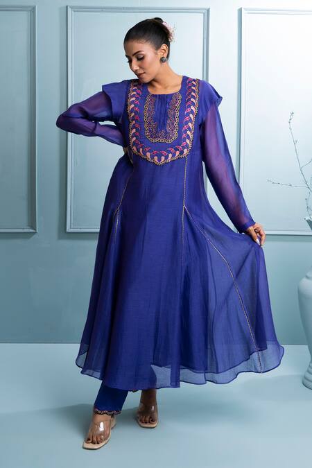 The White Tree Studio_Purple Chanderi, Cotton Zari, Embroidery Round Floral Applique Kalidar Kurta Set _at_Aza_Fashions