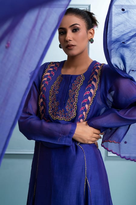 Shop_The White Tree Studio_Purple Chanderi, Cotton Zari, Embroidery Round Floral Applique Kalidar Kurta Set 