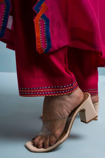 The White Tree Studio_Pink Chanderi, Cotton Applique, Embroidery, Cut Work Split Floral Kurta Set _Online_at_Aza_Fashions