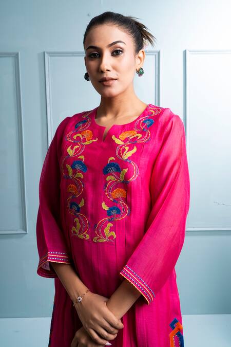The White Tree Studio_Pink Chanderi, Cotton Applique, Embroidery, Cut Work Split Floral Kurta Set _at_Aza_Fashions