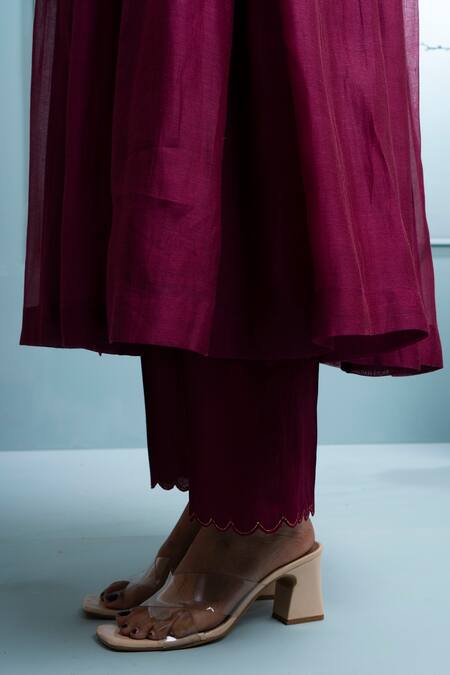 The White Tree Studio_Burgundy Cotton, Chanderi Beads, Applique V-neck Floral Angarkha Kurta Set _Online_at_Aza_Fashions