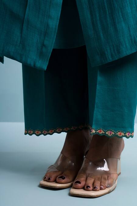 The White Tree Studio_Blue Chanderi, Cotton Embroidery Collared Floral Thread Anarkali Set _Online_at_Aza_Fashions