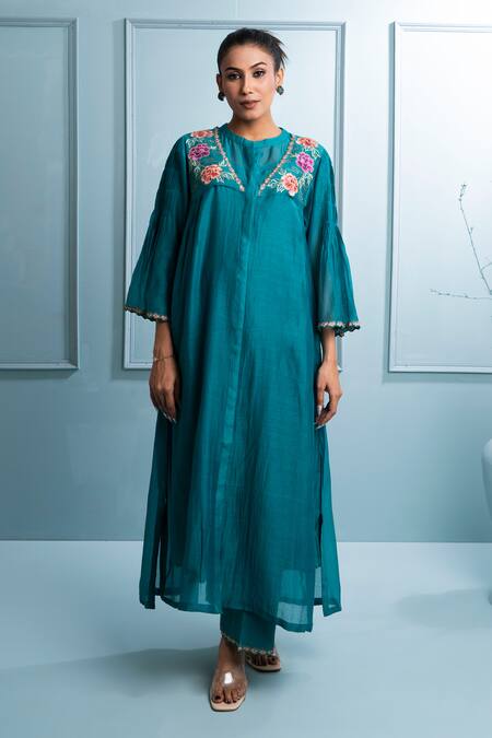 Buy_The White Tree Studio_Blue Chanderi, Cotton Embroidery Collared Floral Thread Anarkali Set _Online_at_Aza_Fashions