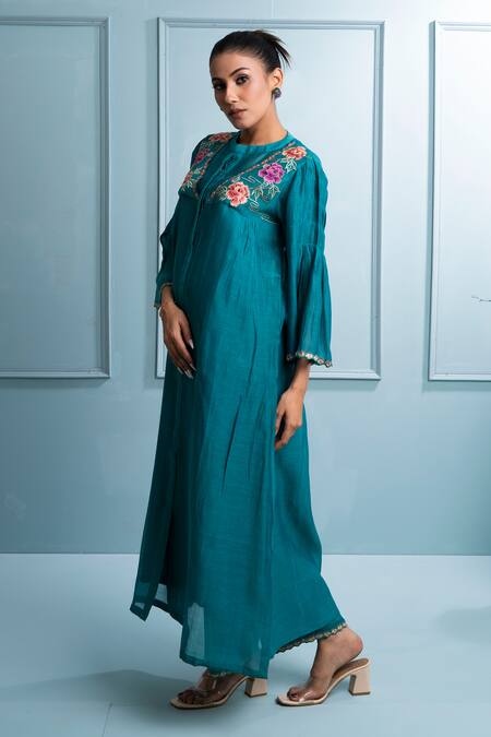 Shop_The White Tree Studio_Blue Chanderi, Cotton Embroidery Collared Floral Thread Anarkali Set _Online_at_Aza_Fashions