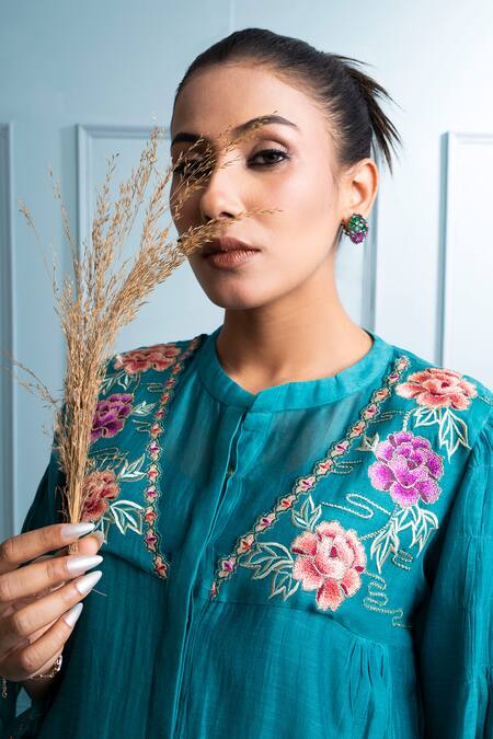 The White Tree Studio_Blue Chanderi, Cotton Embroidery Collared Floral Thread Anarkali Set _at_Aza_Fashions