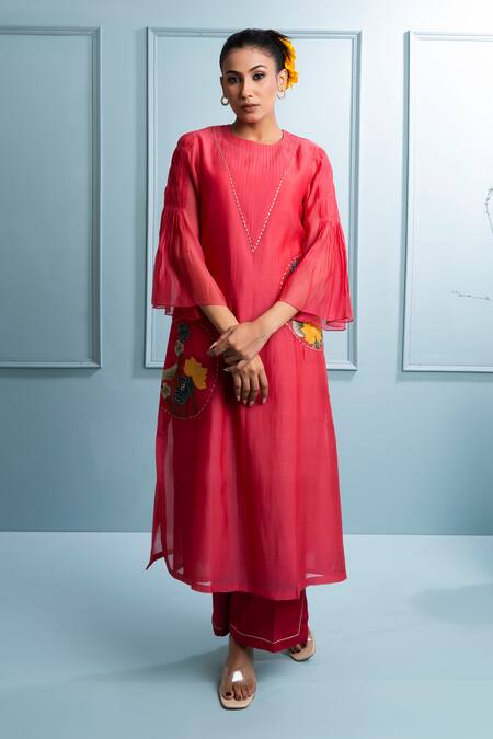 Shop_The White Tree Studio_Pink Chanderi, Cotton Zari, Embroidery Round Neck Lotus Pintucked Kurta Set _Online_at_Aza_Fashions