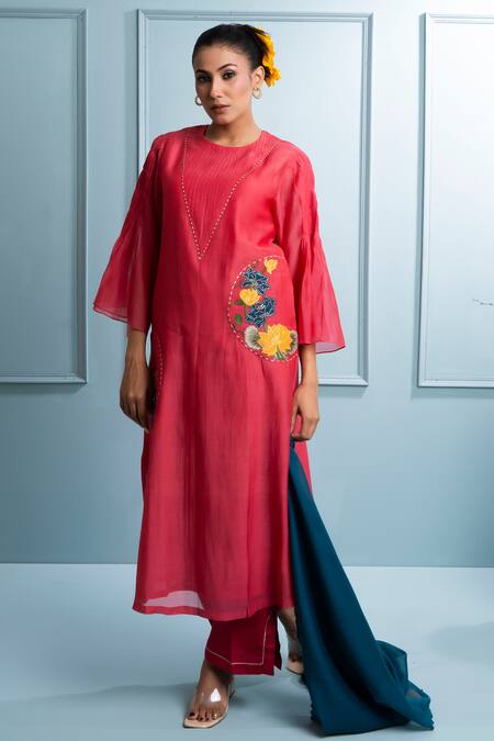 The White Tree Studio_Pink Chanderi, Cotton Zari, Embroidery Round Neck Lotus Pintucked Kurta Set _at_Aza_Fashions