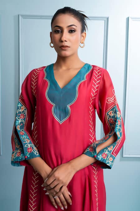 Shop_The White Tree Studio_Pink Chanderi, Cotton Embroidery, Patchwork, Applique Designer Floral Kurta Set _Online_at_Aza_Fashions