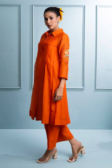 The White Tree Studio_Orange Chanderi, Cotton Embroidery Collared Floral Patchwork Kurta Set _Online_at_Aza_Fashions