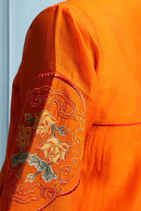 Shop_The White Tree Studio_Orange Chanderi, Cotton Embroidery Collared Floral Patchwork Kurta Set _Online_at_Aza_Fashions