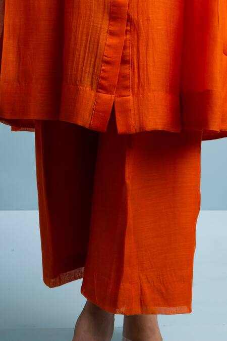 The White Tree Studio_Orange Chanderi, Cotton Embroidery Collared Floral Patchwork Kurta Set _at_Aza_Fashions