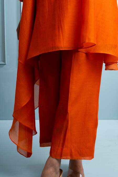 The White Tree Studio_Orange Chanderi, Cotton Patchwork V-neck Floral Asymmetric Kurta Set _Online_at_Aza_Fashions