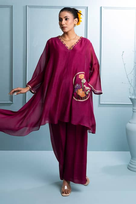 The White Tree Studio Burgundy Floral Applique Kurta Set 