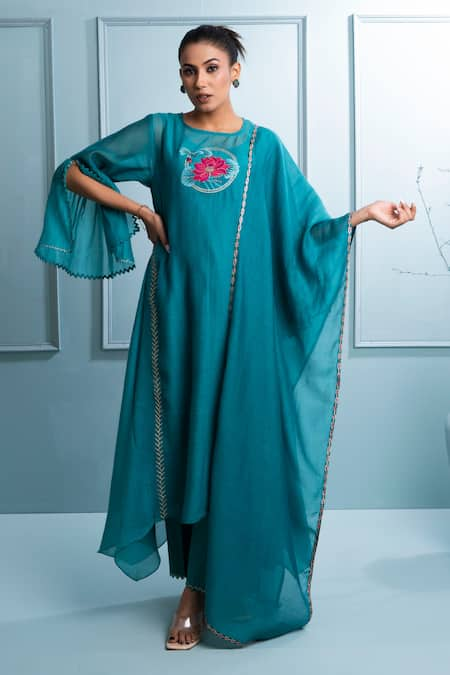 The White Tree Studio Teal Blue Floral Embroidered Kurta Set 