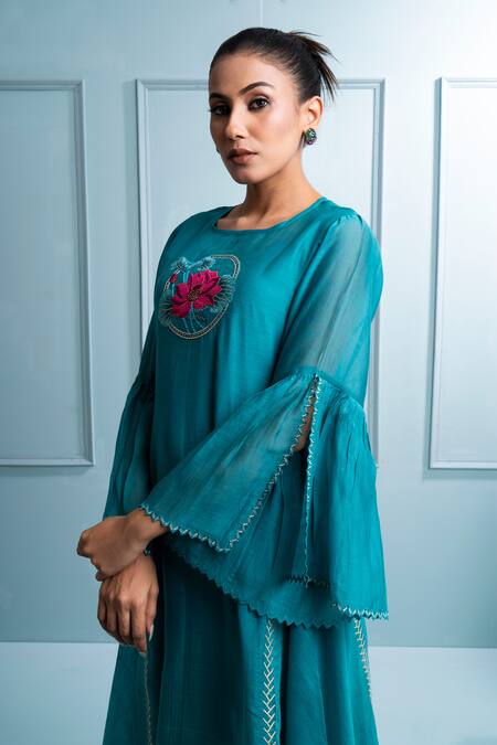 Shop_The White Tree Studio_Blue Chanderi, Cotton Embroidery Round Neck Teal Floral Kurta Set _Online_at_Aza_Fashions