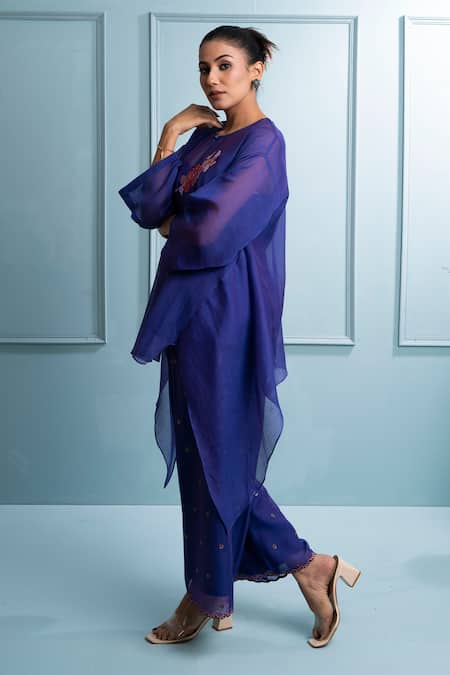 Shop_The White Tree Studio_Purple Chanderi, Cotton Embroidery Round Neck Floral Applique Tunic Set _Online_at_Aza_Fashions