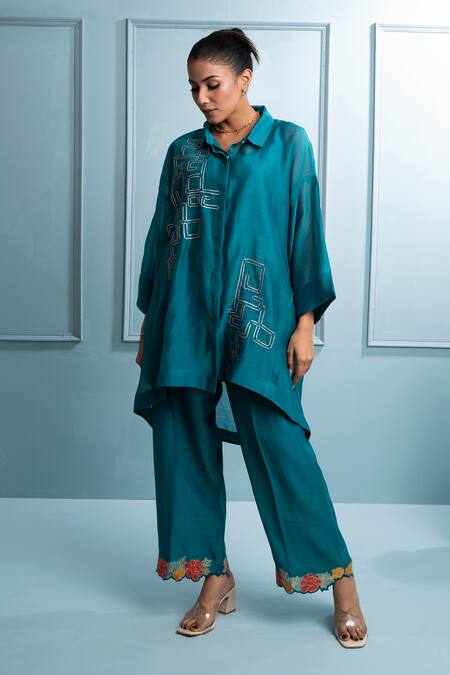 Buy_The White Tree Studio_Blue Chanderi, Cotton Embroidery Collared Badla Asymmetric Tunic Set _Online_at_Aza_Fashions