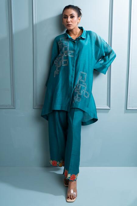 Shop_The White Tree Studio_Blue Chanderi, Cotton Embroidery Collared Badla Asymmetric Tunic Set _Online_at_Aza_Fashions