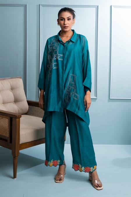 The White Tree Studio_Blue Chanderi, Cotton Embroidery Collared Badla Asymmetric Tunic Set _at_Aza_Fashions