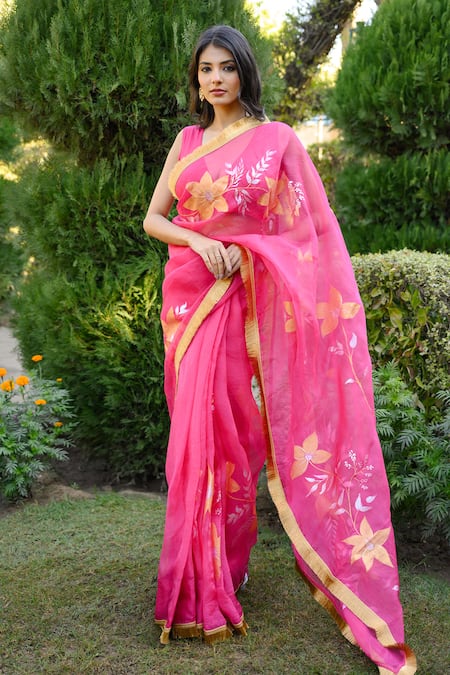 Buy_Mangalmay By Aastha_Mauve Organza, Modal Embroidery Handpainted Floral Saree Set _Online_at_Aza_Fashions