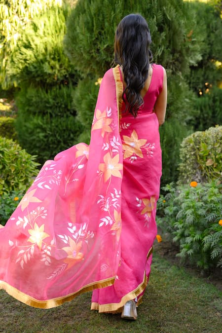 Mangalmay By Aastha Handpainted Floral Organza Saree Set 