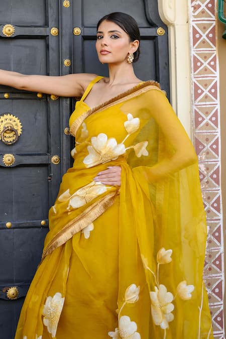 Buy Mangalmay By Aastha Yellow Organza, Modal Embroidery Hand Painted Saree With Blouse Piece Online at Aza Fashions Buy_Mangalmay By Aastha_Yellow Organza, Modal Embroidery Hand Painted Saree With Blouse Piece _Online_at_Aza_Fashions