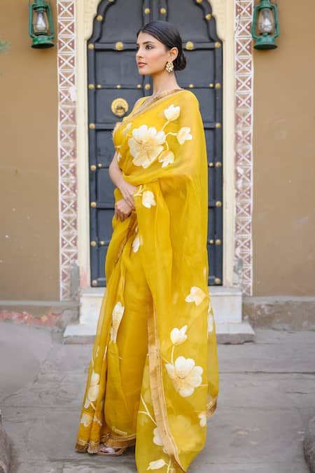 Shop Mangalmay By Aastha Yellow Organza, Modal Embroidery Hand Painted Saree With Blouse Piece Online at Aza Fashions Shop_Mangalmay By Aastha_Yellow Organza, Modal Embroidery Hand Painted Saree With Blouse Piece _Online_at_Aza_Fashions