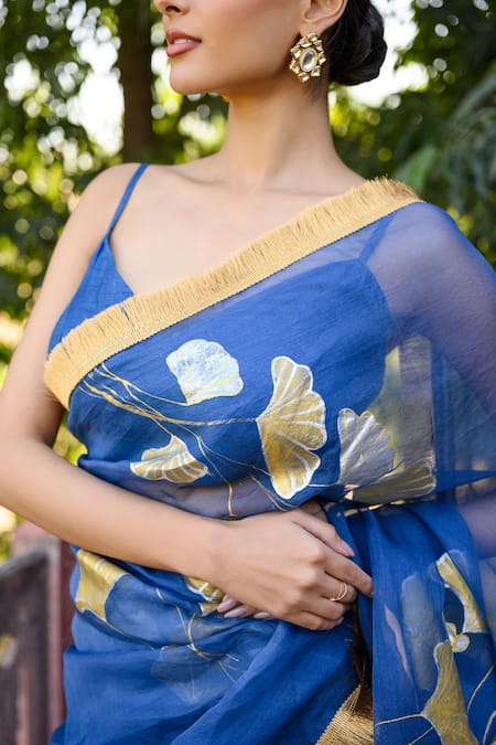 Buy_Mangalmay By Aastha_Blue Organza, Modal Embroidery Bloom Handpainted Saree With Blouse Piece _Online_at_Aza_Fashions