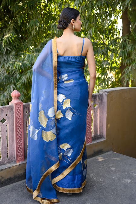 Mangalmay By Aastha Bloom Handpainted Blue Saree With Blouse Piece 