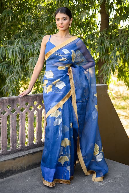 Mangalmay by Aastha Bloom Handpainted Blue Saree With Blouse Piece 