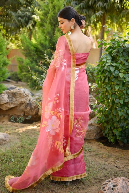 Mangalmay By Aastha Leaf Handpainted Pink Saree With Blouse Piece 
