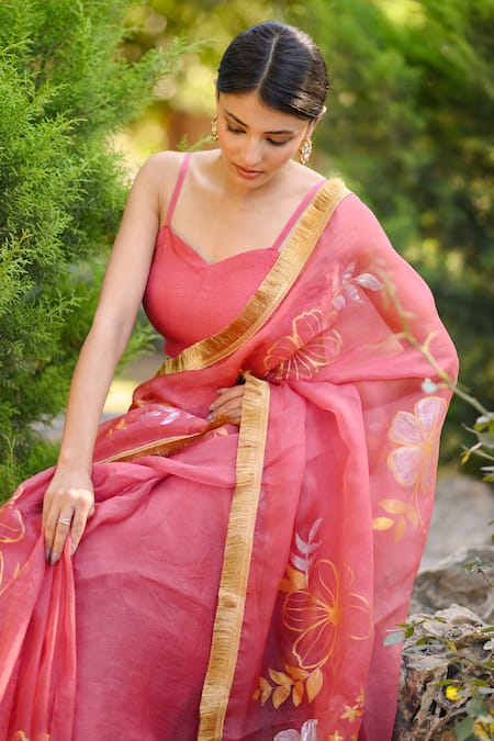 Mangalmay By Aastha_Pink Organza, Modal Embroidery Round Leaf Handpainted Saree With Blouse Piece _at_Aza_Fashions
