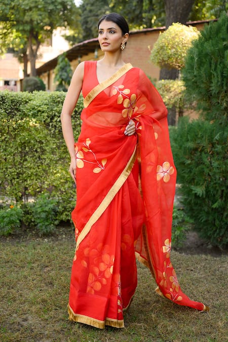 Mangalmay by Aastha Red Hand Painted Saree with Blouse Piece 