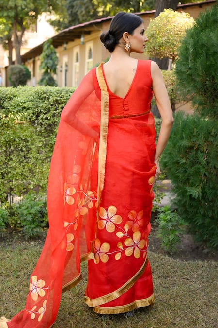 Mangalmay By Aastha Red Hand Painted Saree with Blouse Piece 
