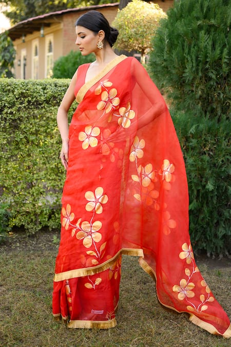 Shop_Mangalmay By Aastha_Red Organza, Modal Embroidery Round Neck Hand Painted Saree With Blouse Piece _Online_at_Aza_Fashions