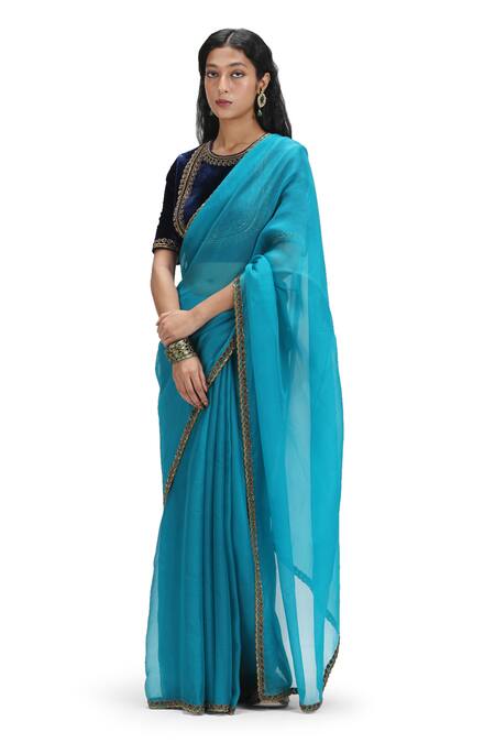 Mimamsaa_Blue Organza, Velvet Sequins Round Neck Aegean Scallop Saree And Blouse _Online_at_Aza_Fashions